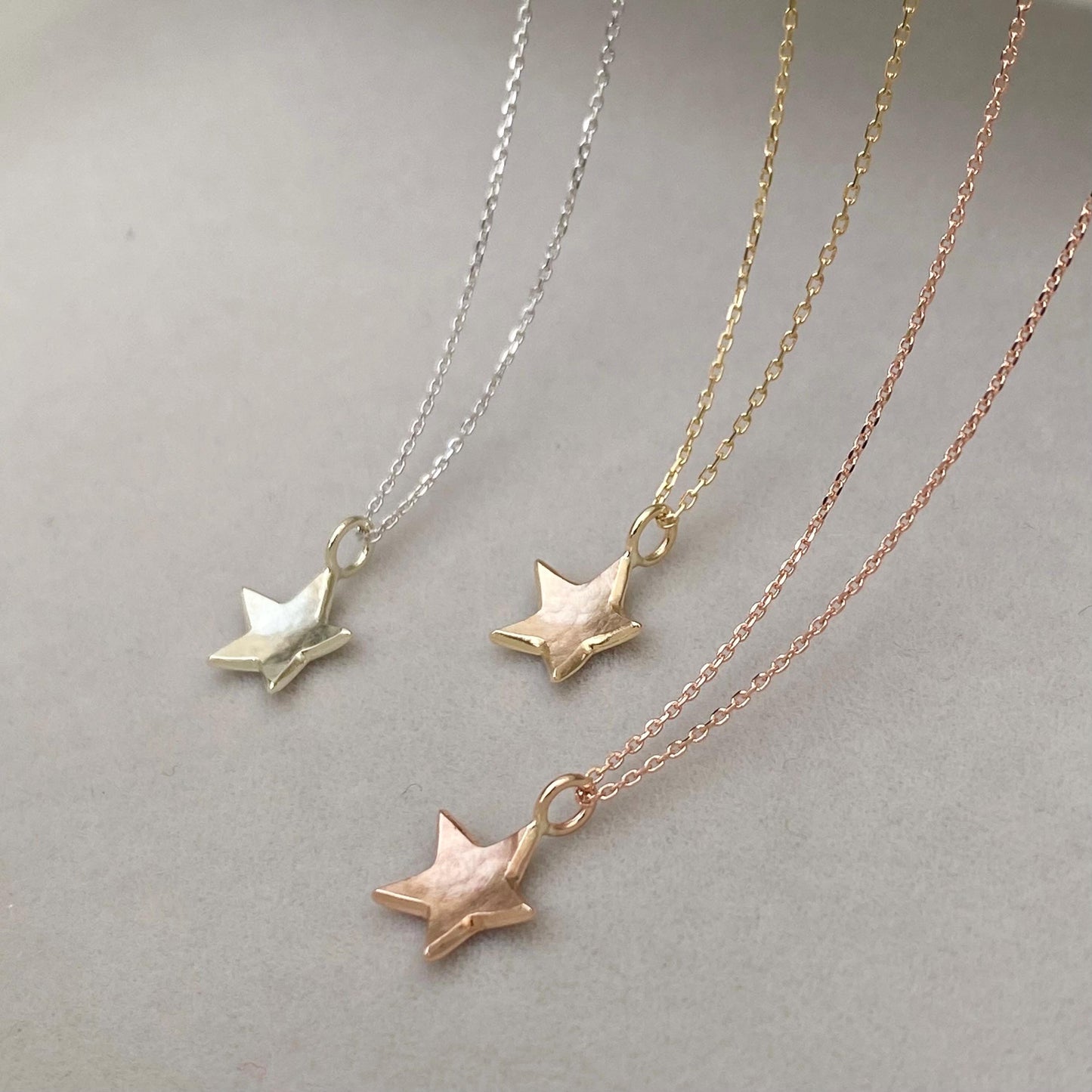 Handmade 9ct solid yellow, rose or white gold dainty star charm pendant and chain