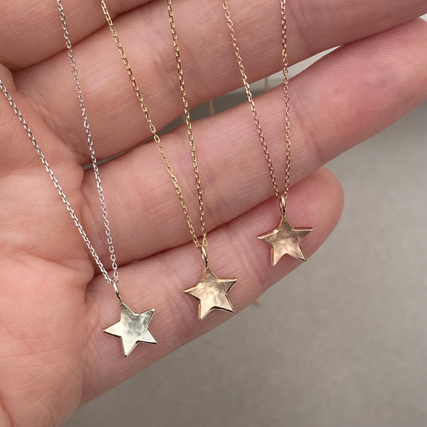 Handmade 9ct solid yellow, rose or white gold dainty star charm pendant and chain
