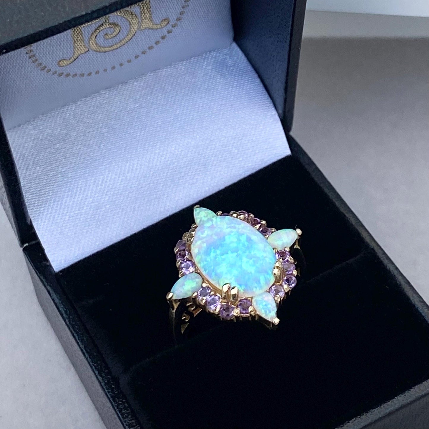 Statement 9ct yellow gold large vivid colours Synthetic Opal and Amethyst ring
