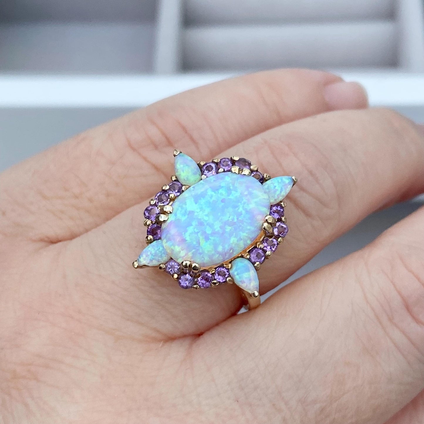 Statement 9ct yellow gold large vivid colours Synthetic Opal and Amethyst ring