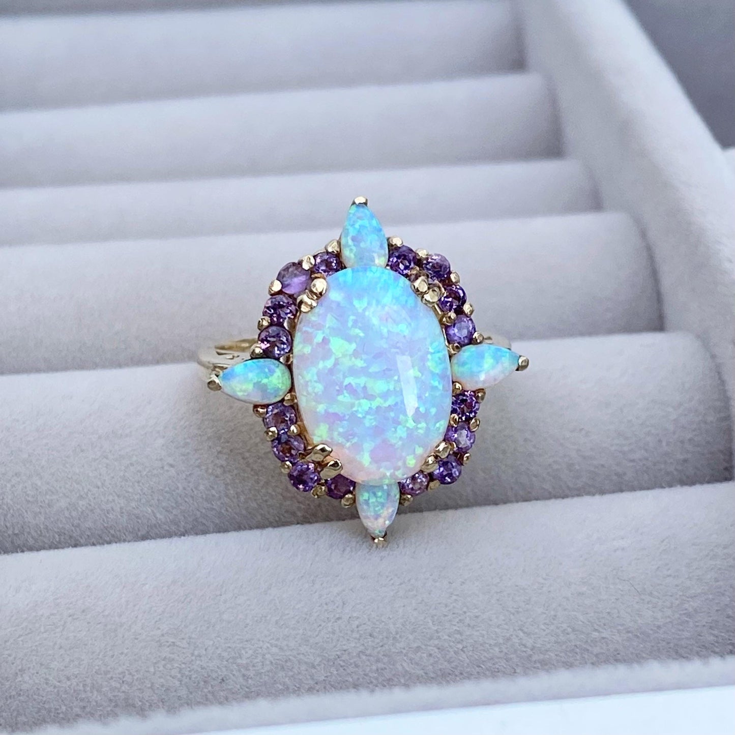 Statement 9ct yellow gold large vivid colours Synthetic Opal and Amethyst ring