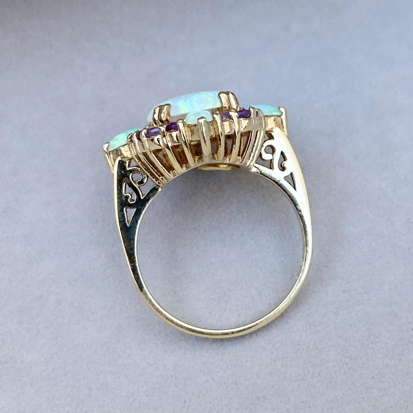 Statement 9ct yellow gold large vivid colours Synthetic Opal and Amethyst ring