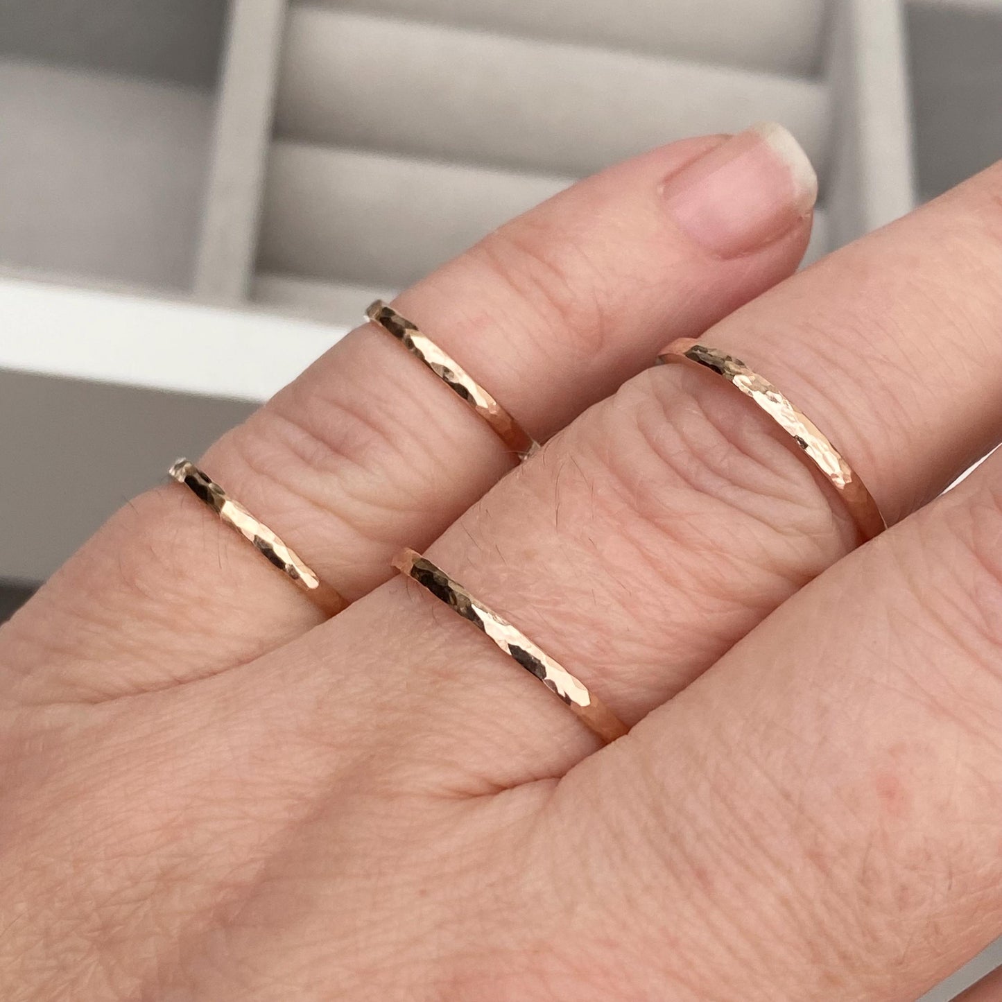 Handmade 9ct rose gold hammered finish 1.5mm skinny rings - Made from vintage gold