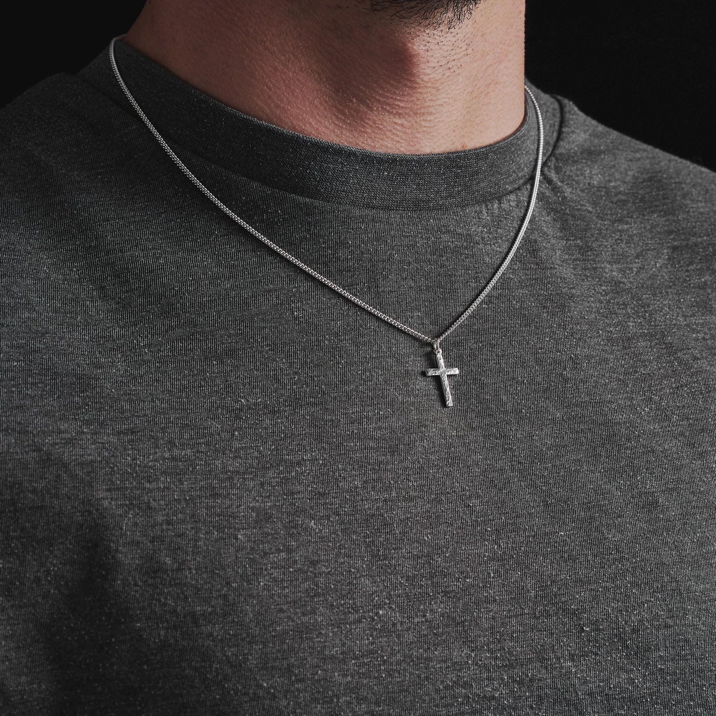 Oxidised or polished small size silver hammered cross pendant and curb chain