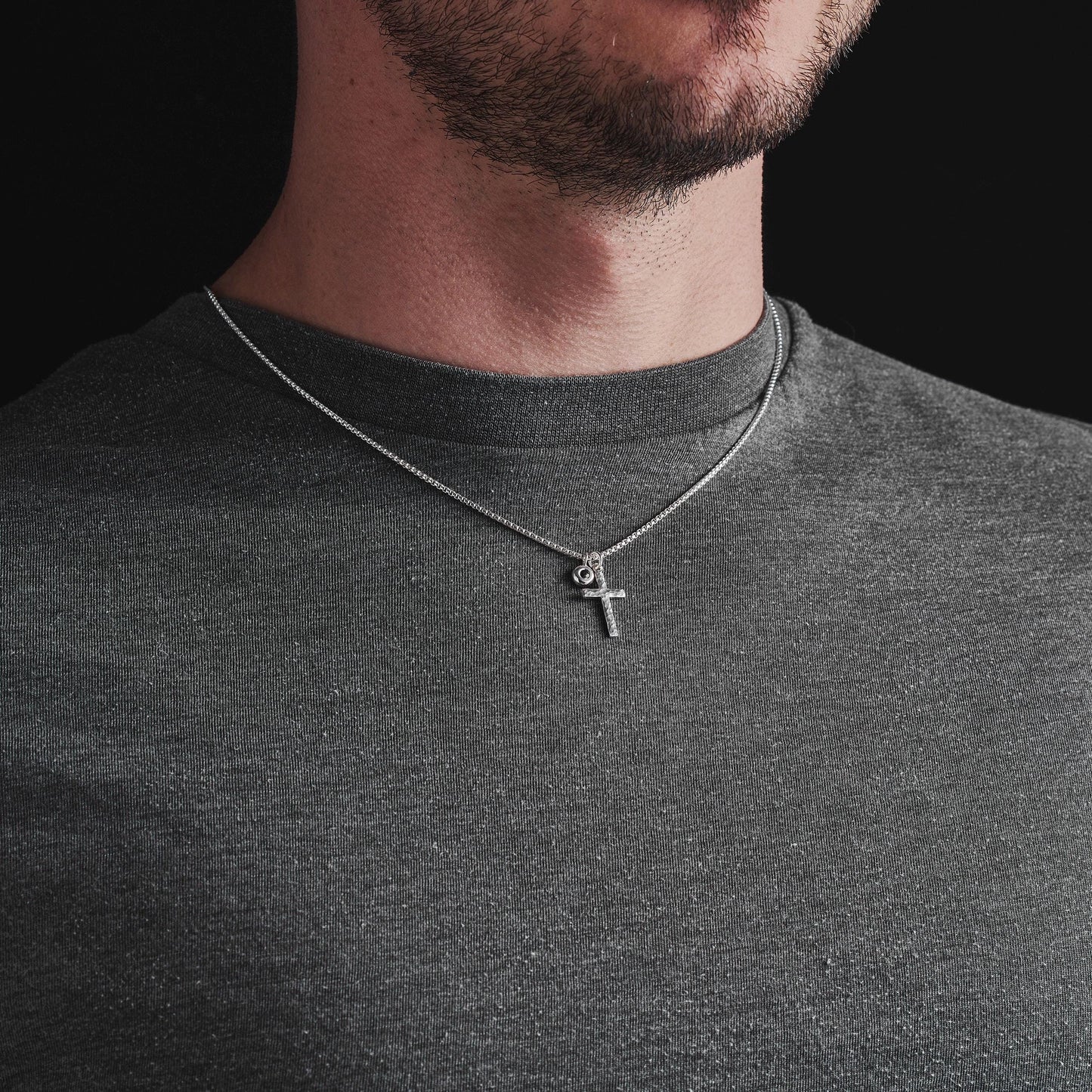 Oxidised or polished small size solid silver hammered cross pendant and black sapphire nugget charm and box chain