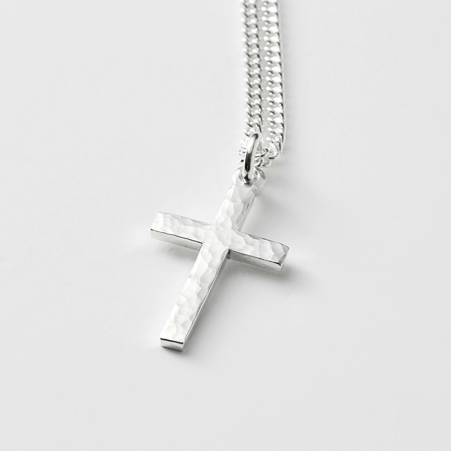 Oxidised or polished small size silver hammered cross pendant and curb chain