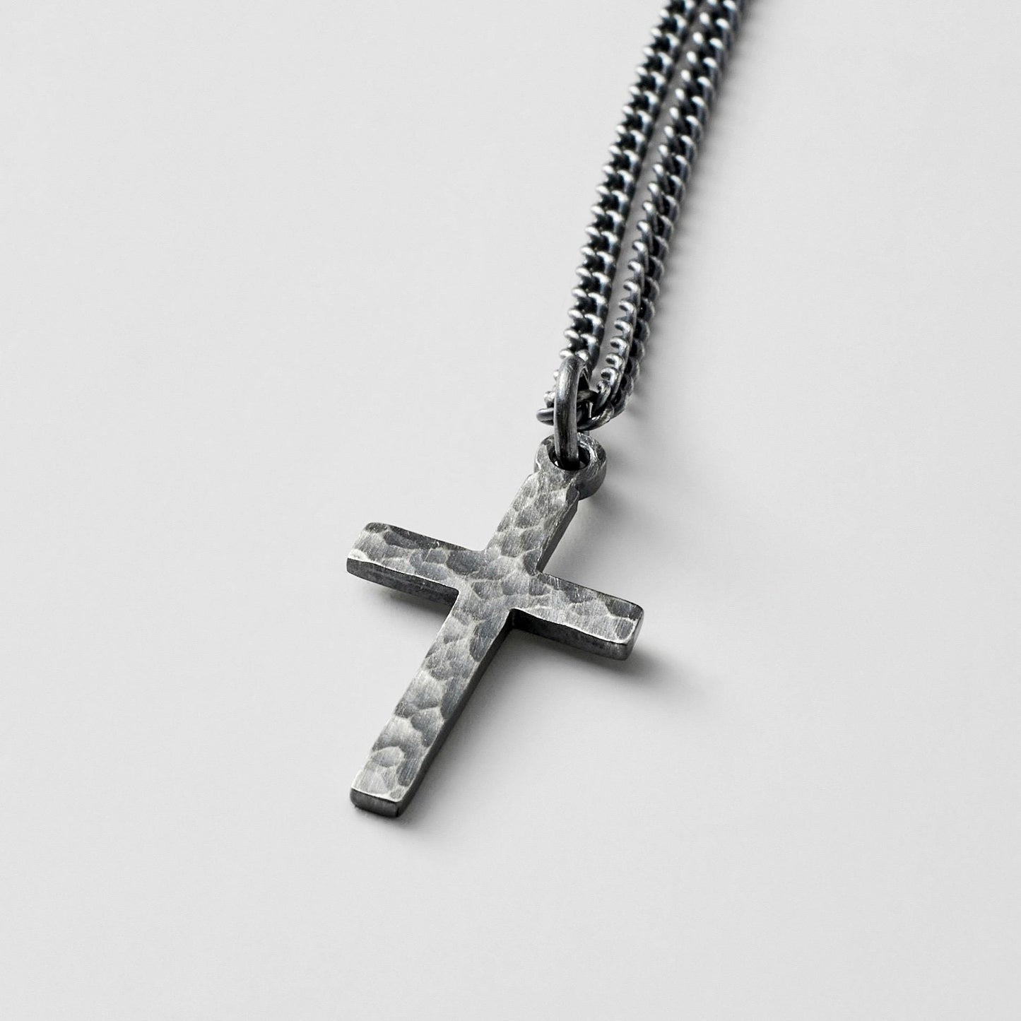 Oxidised or polished small size silver hammered cross pendant and curb chain