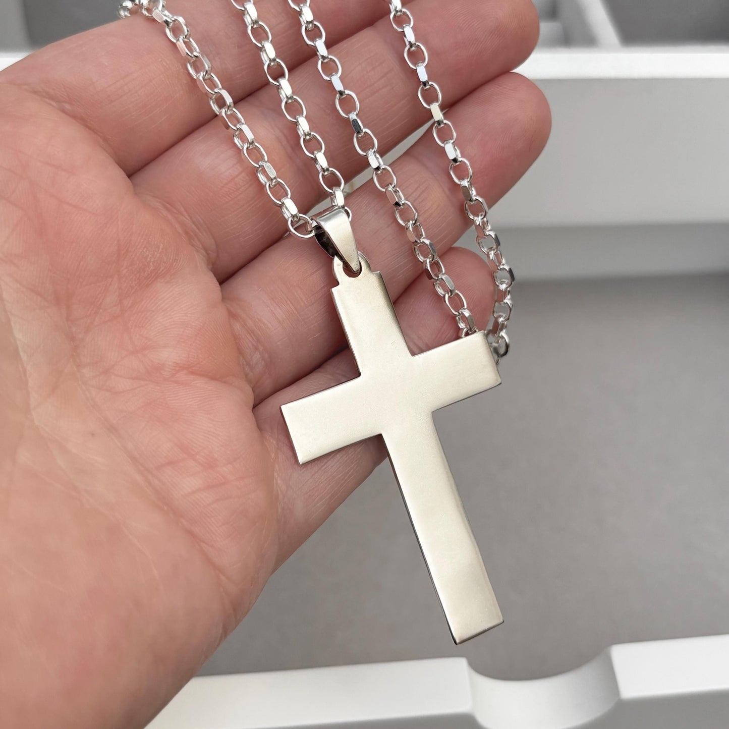 Vintage very large solid silver cross pendant on a new 26” silver oval trace chain