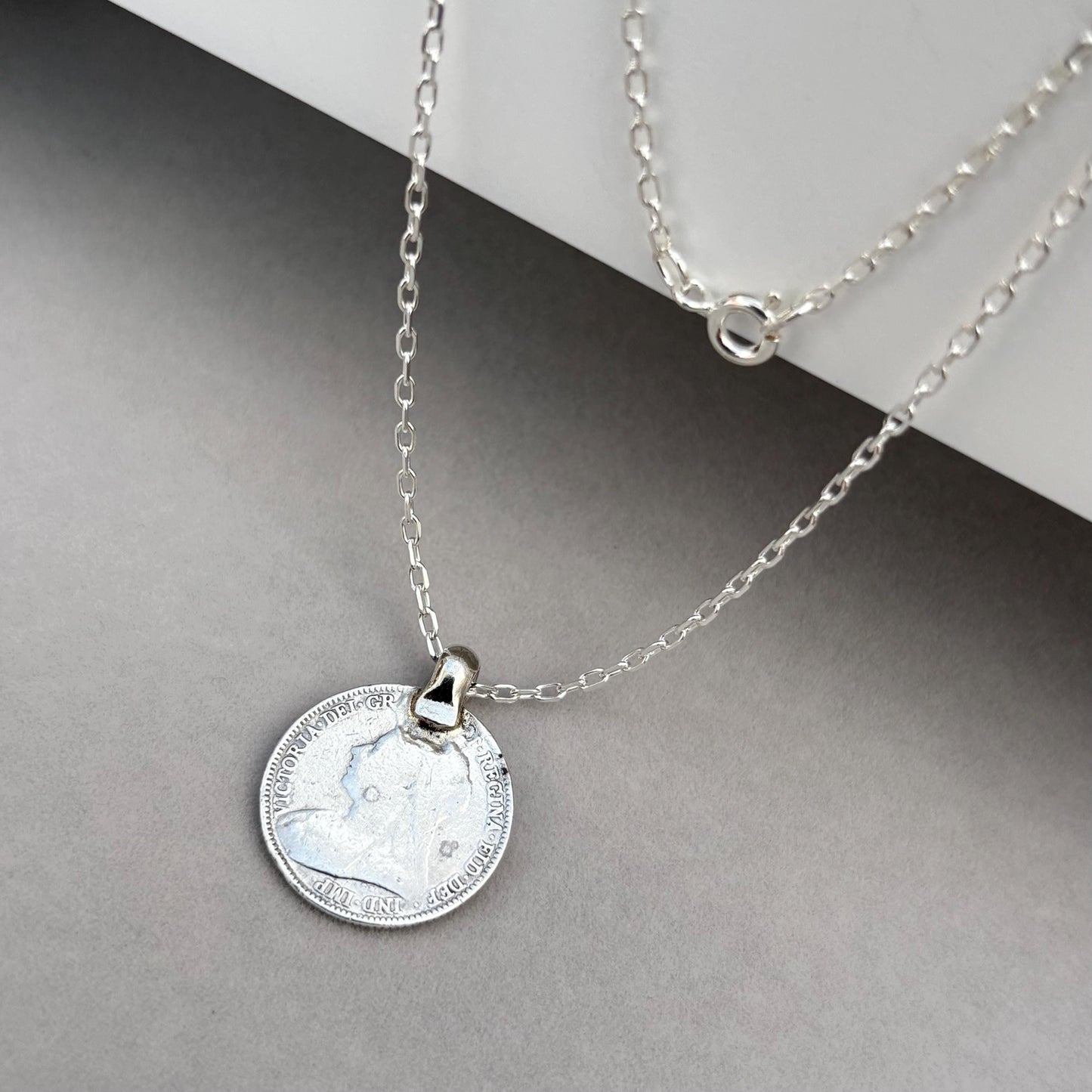 Vintage 1885 silver Queen Victoria six pence coin pendant on a new 22” silver trace chain