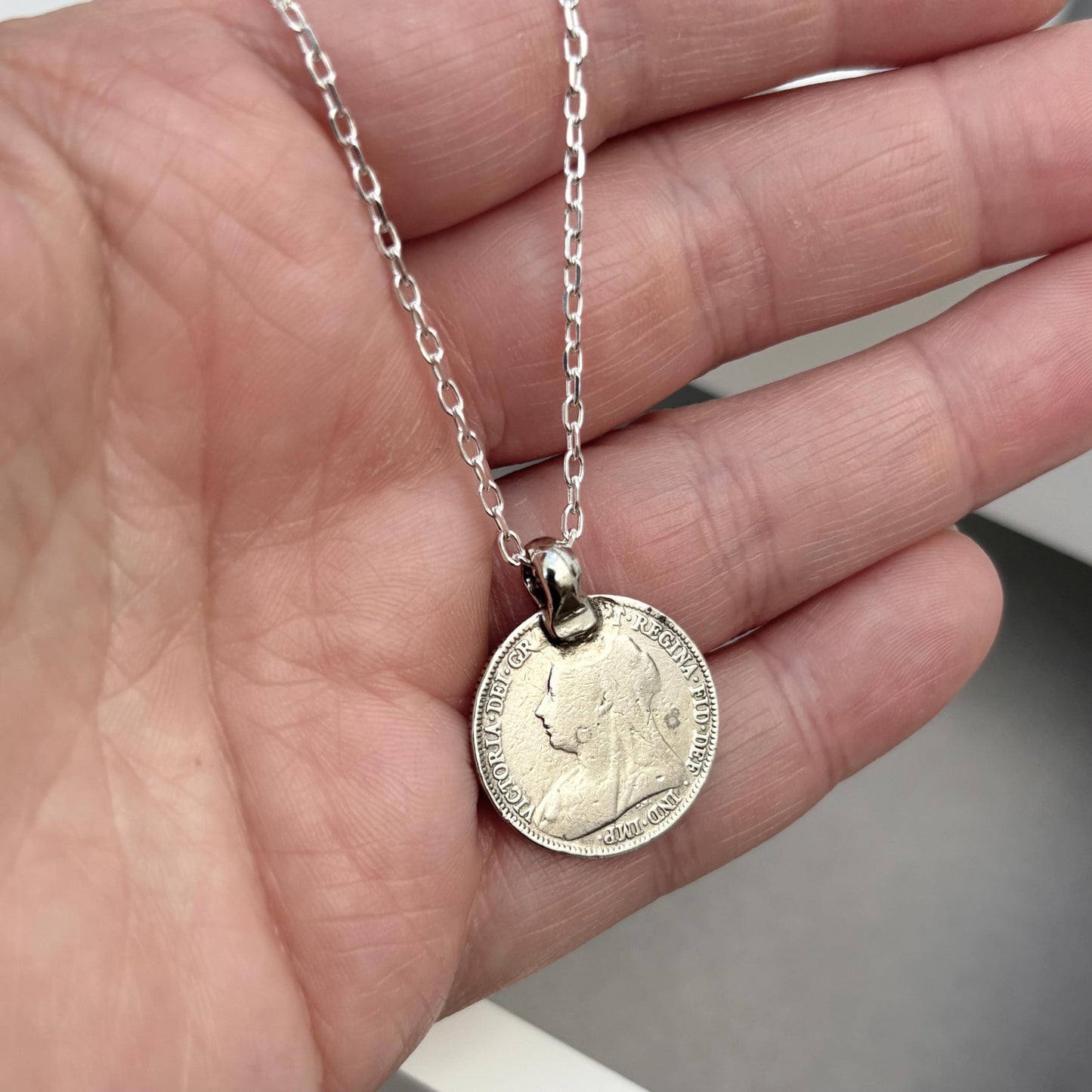 Vintage 1885 silver Queen Victoria six pence coin pendant on a new 22” silver trace chain