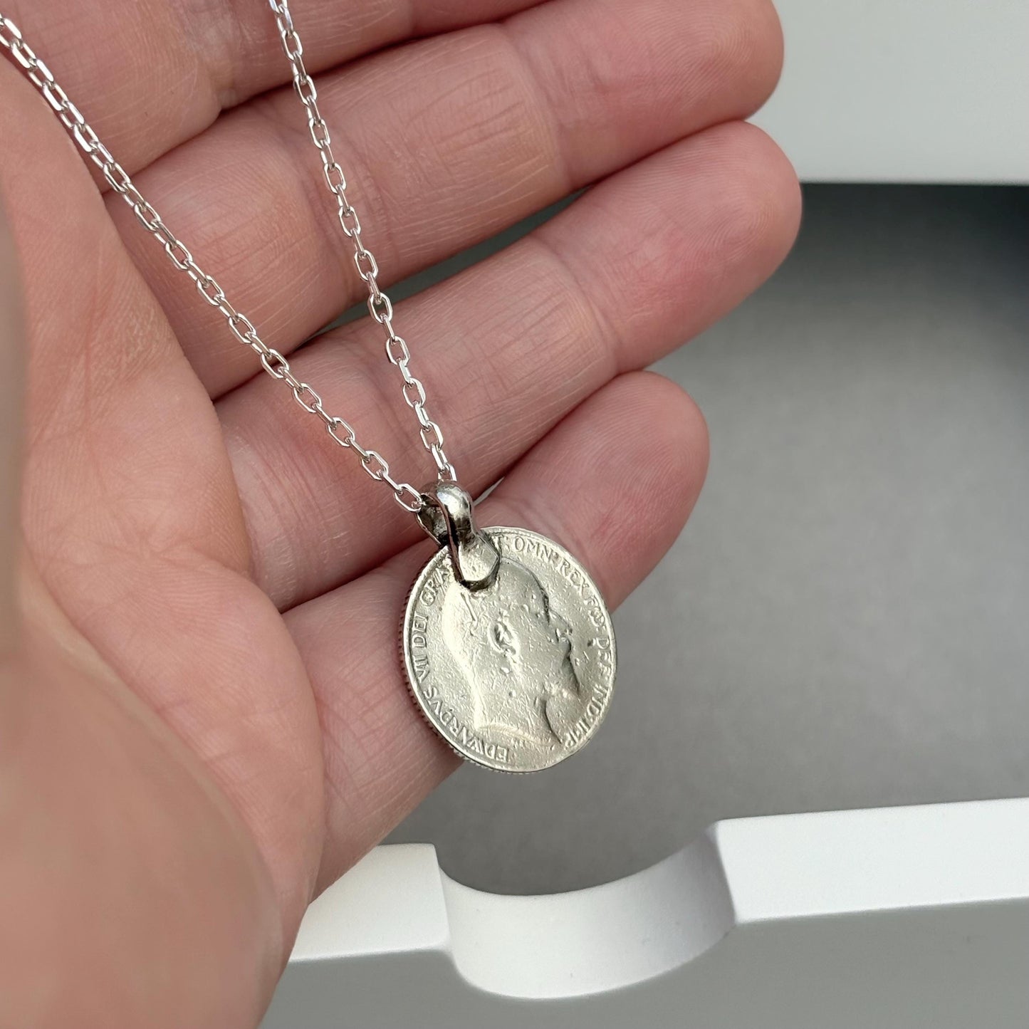 Vintage 1904 silver King Edward six pence coin pendant on a new 24” silver trace chain