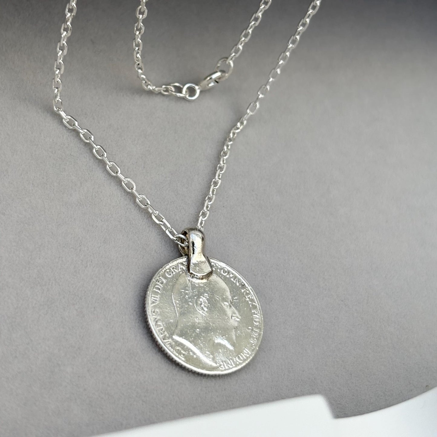 Vintage 1904 silver King Edward six pence coin pendant on a new 24” silver trace chain