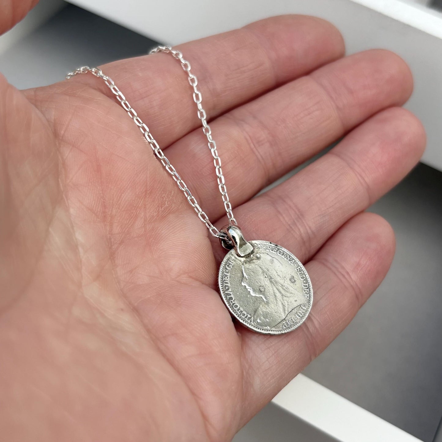 Vintage 1885 silver Queen Victoria six pence coin pendant on a new 22” silver trace chain