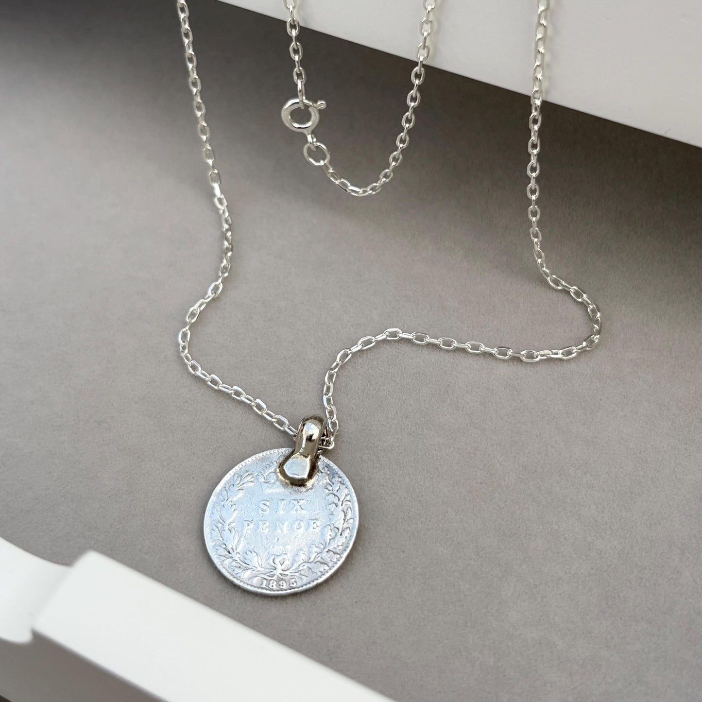 Vintage 1885 silver Queen Victoria six pence coin pendant on a new 22” silver trace chain