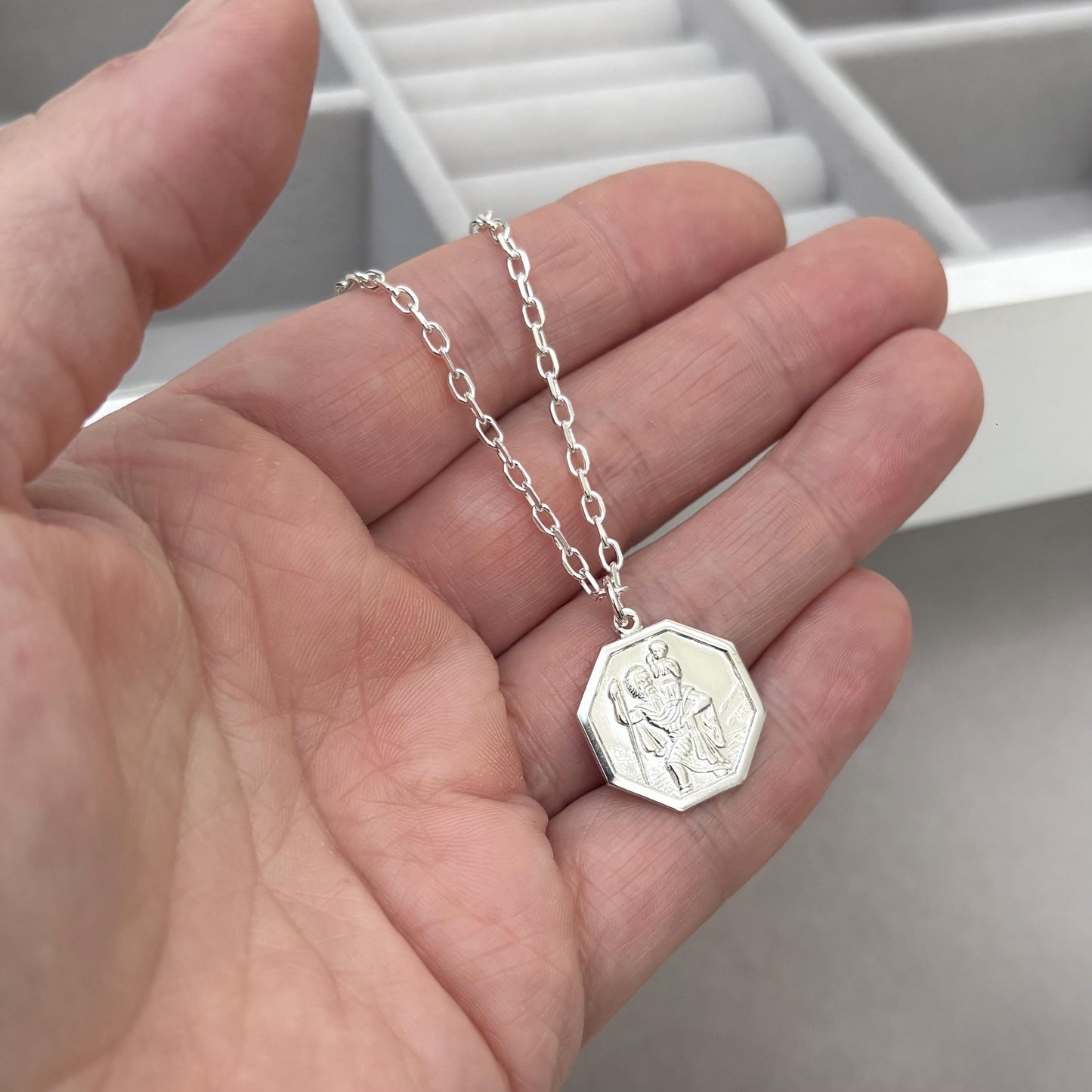 Sample sale - Solid sterling silver hexagon Saint Christopher pendant on a diamond cut trace chain