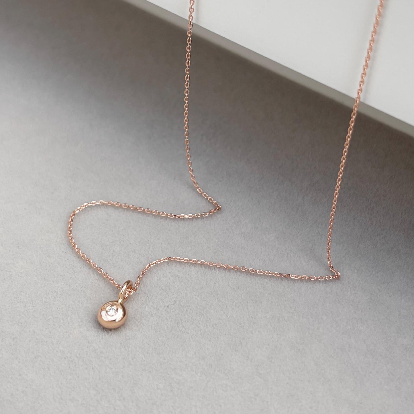 New listing - Handmade solid 9ct rose gold teeny tiny diamond nugget charm pendant on a fine filed trace chain