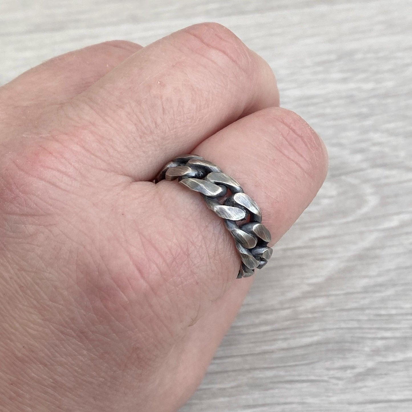 Sample sale - Handmade oxidised chunky solid sterling silver rustic curb chain ring