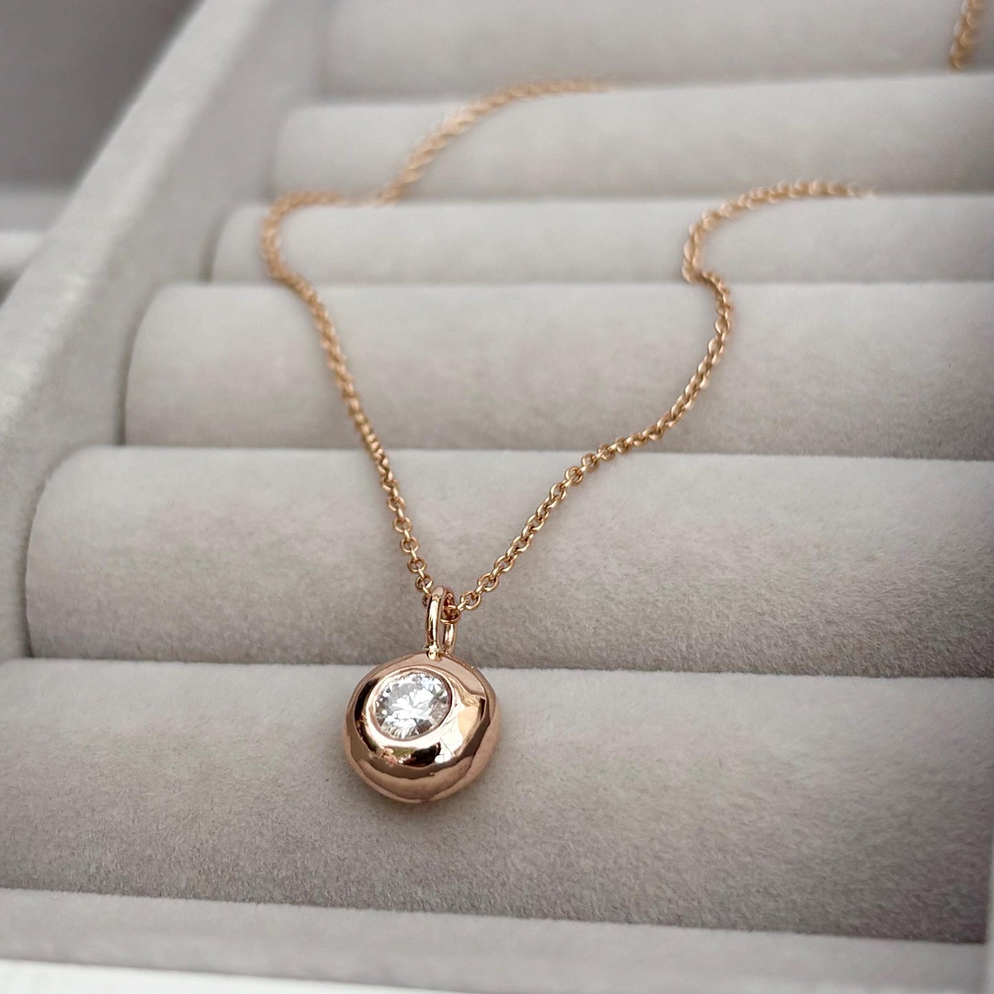 Handmade 9ct solid rose, yellow or white gold 4mm 0.25ct round lab diamond nugget pendant on a trace chain