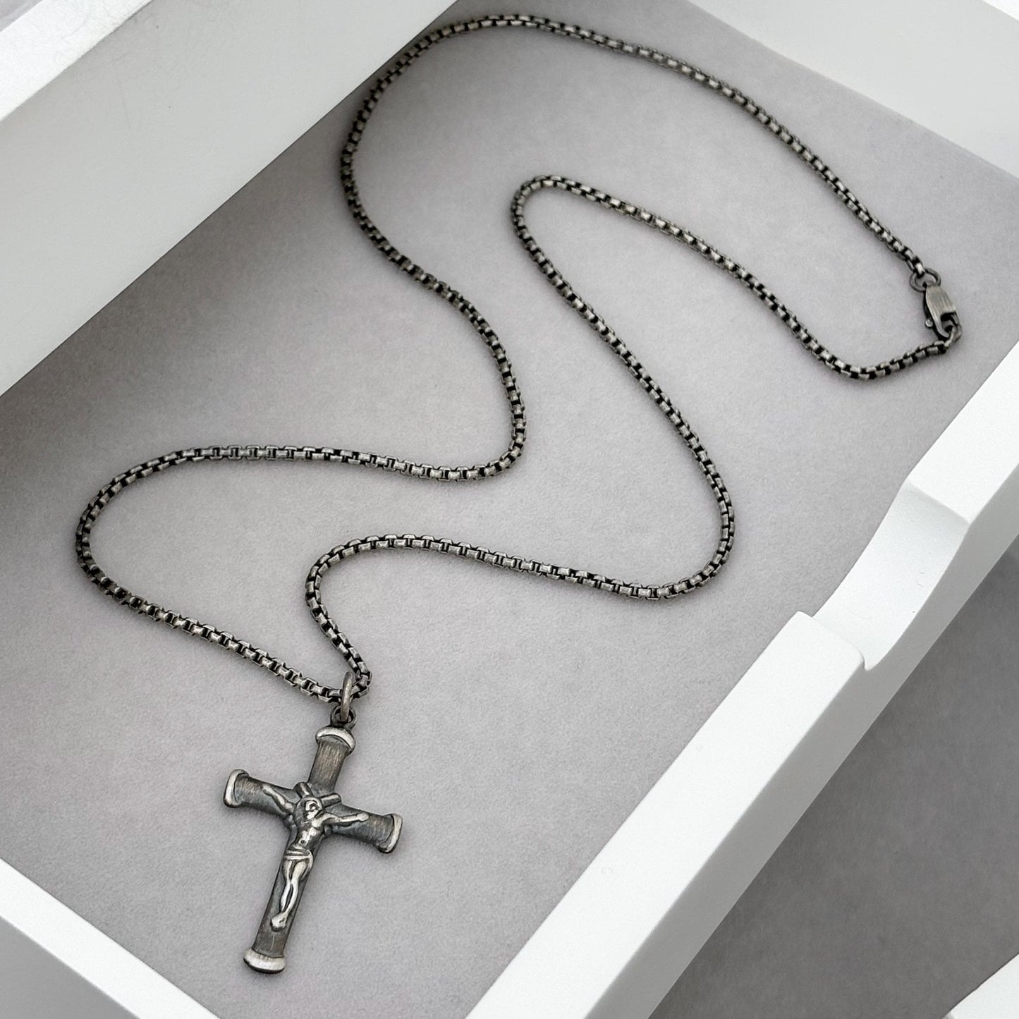 Sample sale - Oxidised solid sterling silver crucifix pendant on a box chain