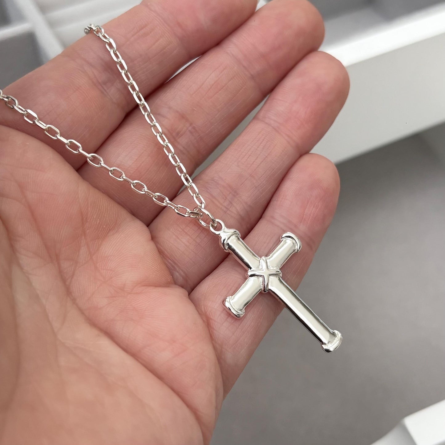 Sample sale - Solid sterling silver cross pendant on a diamond cut trace chain