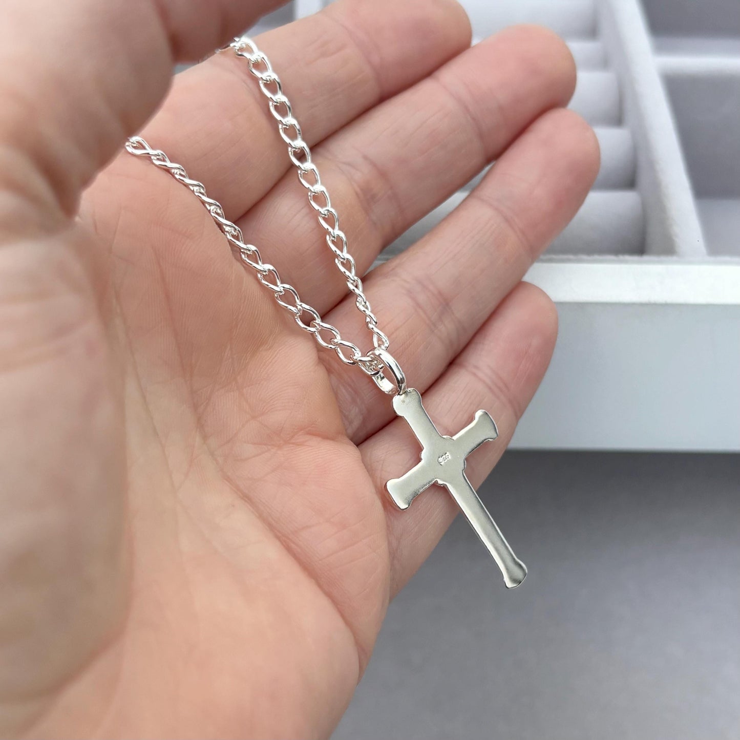 Sample sale - Solid sterling silver cross pendant on an open curb chain