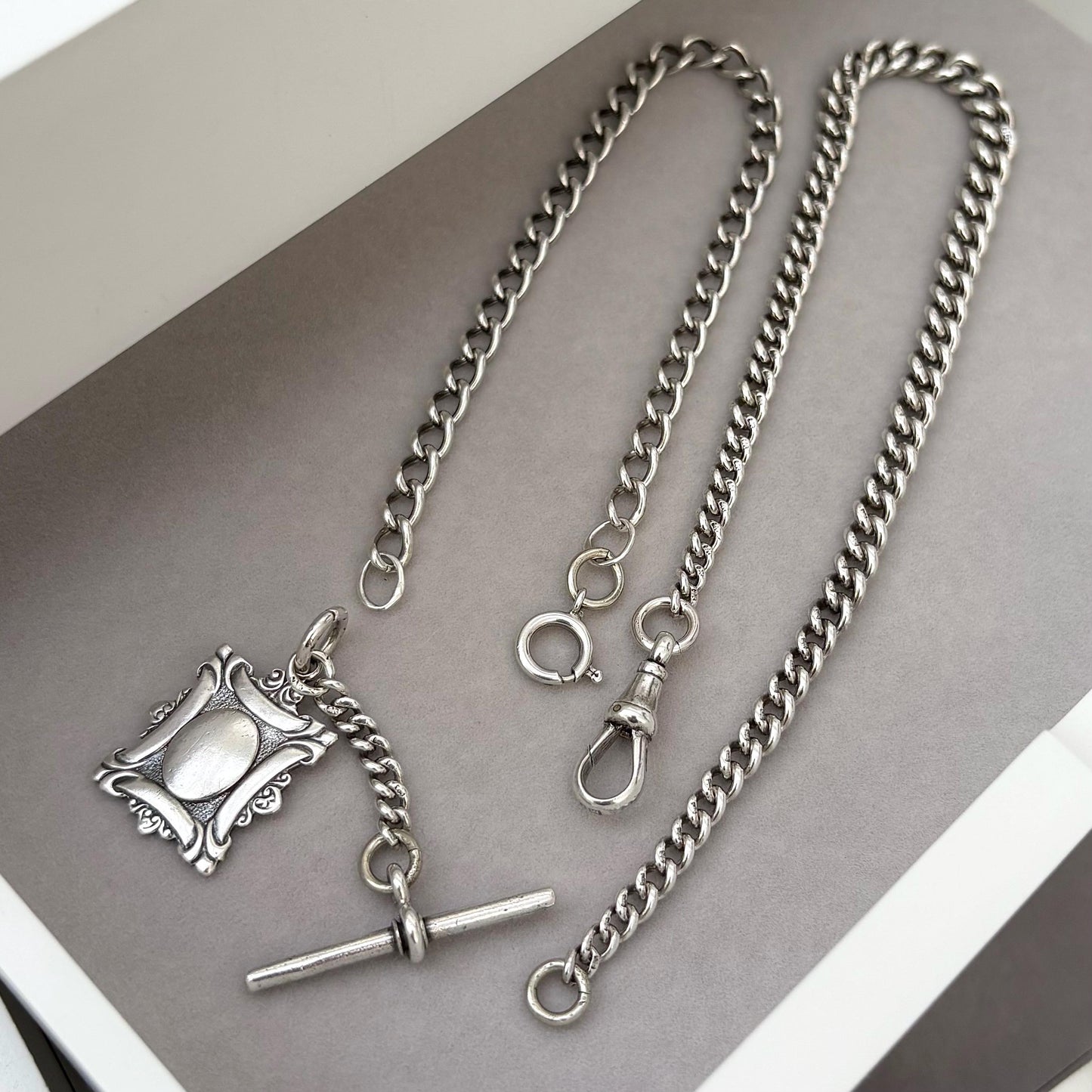 Vintage Edwardian Sterling Silver Curb Chain T-Bar, Fob Albert Clasp Necklace - 19 inch