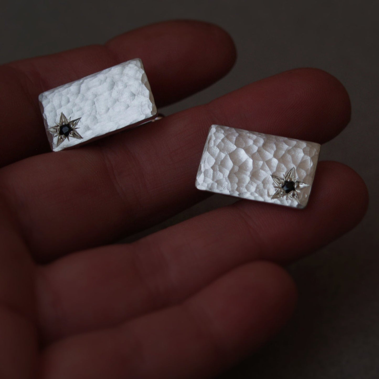 Handmade silver hammered rectangle heavy cufflinks star engraved set with black Sapphires - Men's jewellery