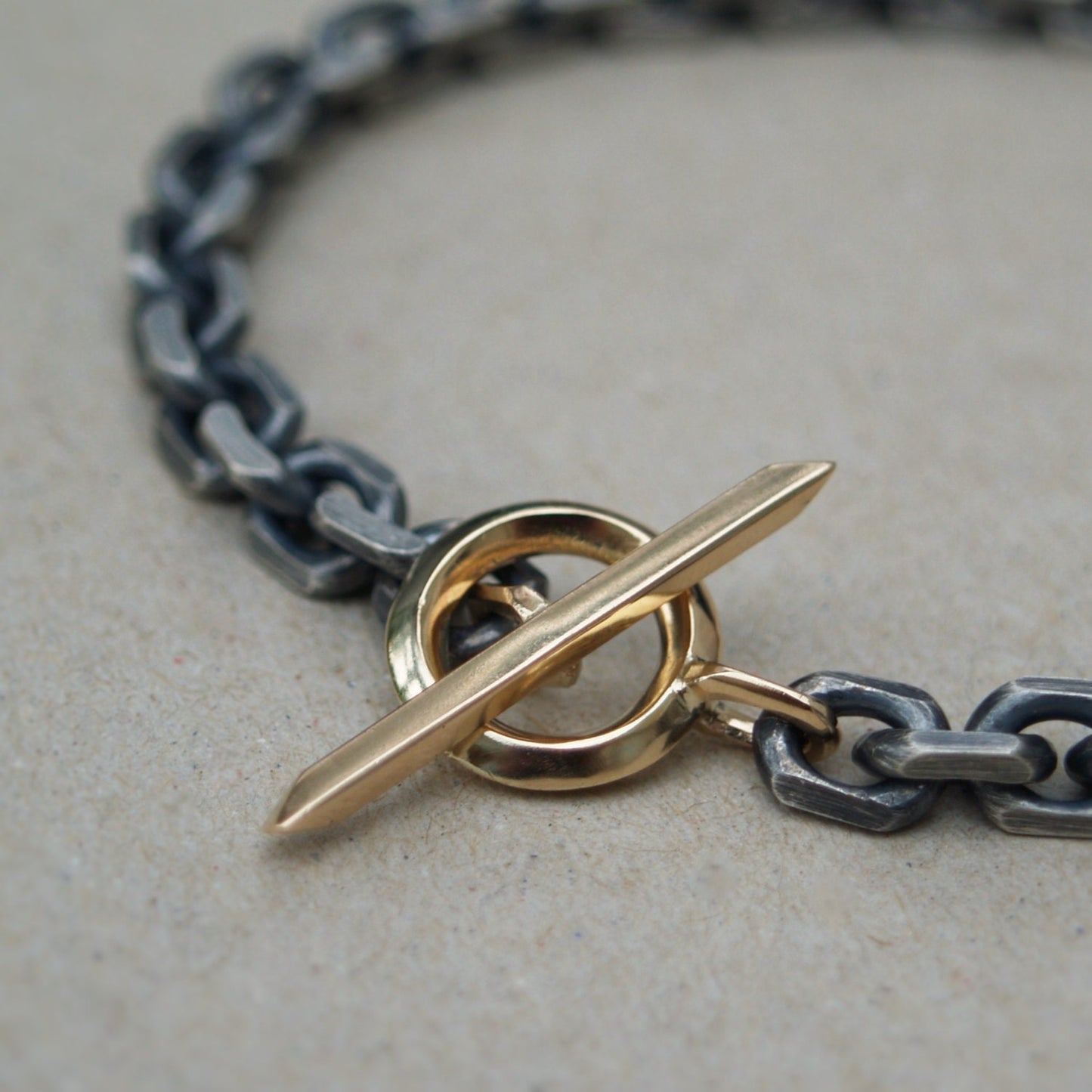 Handmade to order - Oxidised or polished solid silver 6.6mm wide diamond cut trace chain bracelet with a unique handmade 9ct yellow gold T-bar