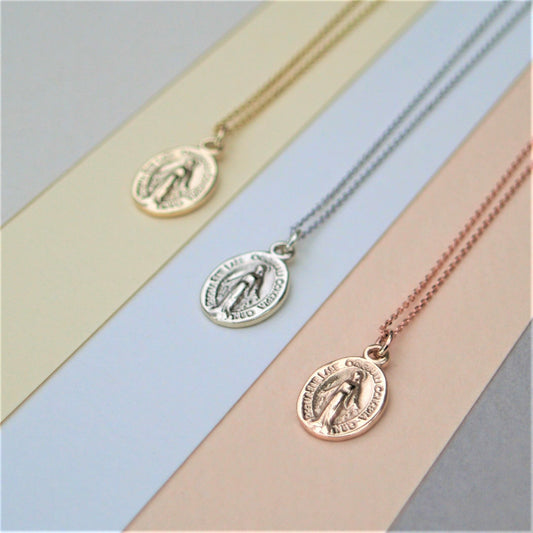 9ct solid rose, yellow or white gold petite Miraculous Mary medal pendant on a fine gold chain