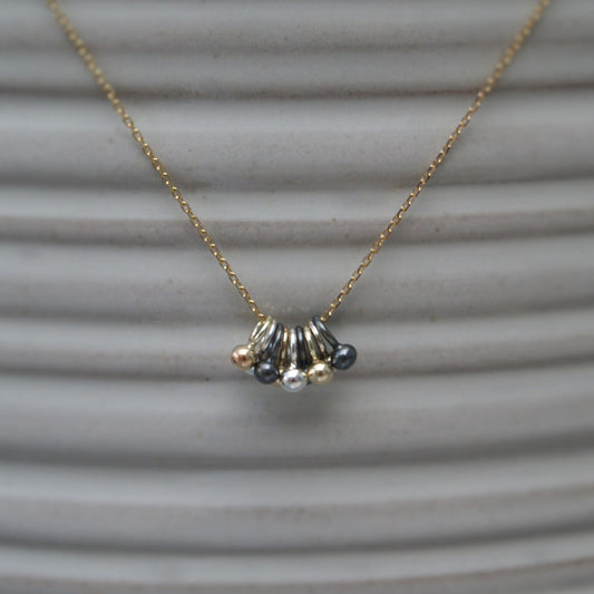 Handmade to order - 9ct solid yellow gold, silver and oxidised silver tiny seed ball pendants on a 9ct yellow gold chain