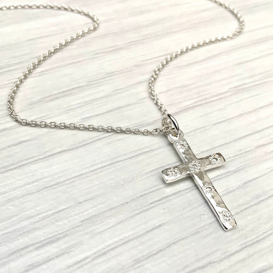 Solid silver floral set diamond hammered small cross pendant and trace chain