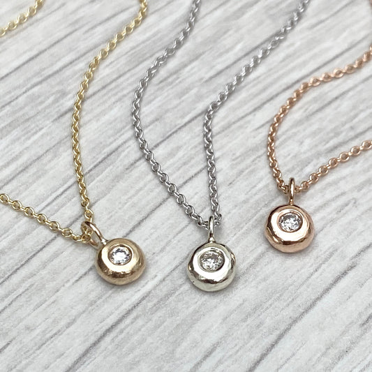 9ct solid yellow, white or rose gold 2.5mm round diamond pendant and trace chain