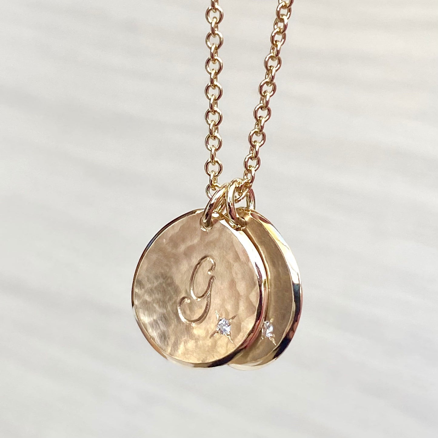 Handmade to order - 9ct solid yellow gold personalised 16mm diamond petal charm pendants on a 1.8mm wide trace chain