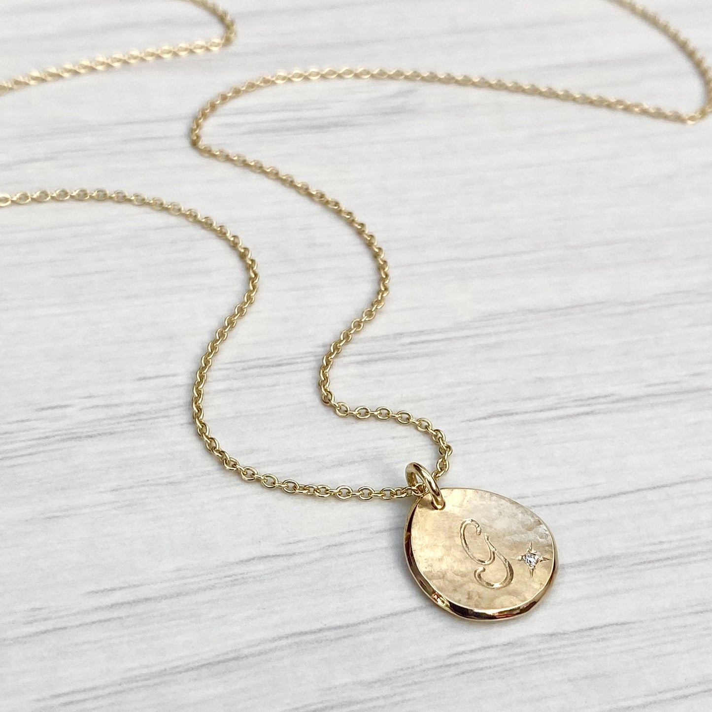 Handmade to order - 9ct solid yellow gold 13mm diamond petal charm pendant on a 1.2mm wide trace chain - Personalised with any letter