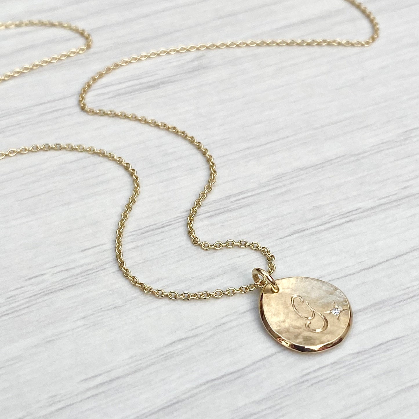 Handmade to order - 9ct solid yellow gold 13mm diamond petal charm pendant on a 1.2mm wide trace chain - Personalised with any letter