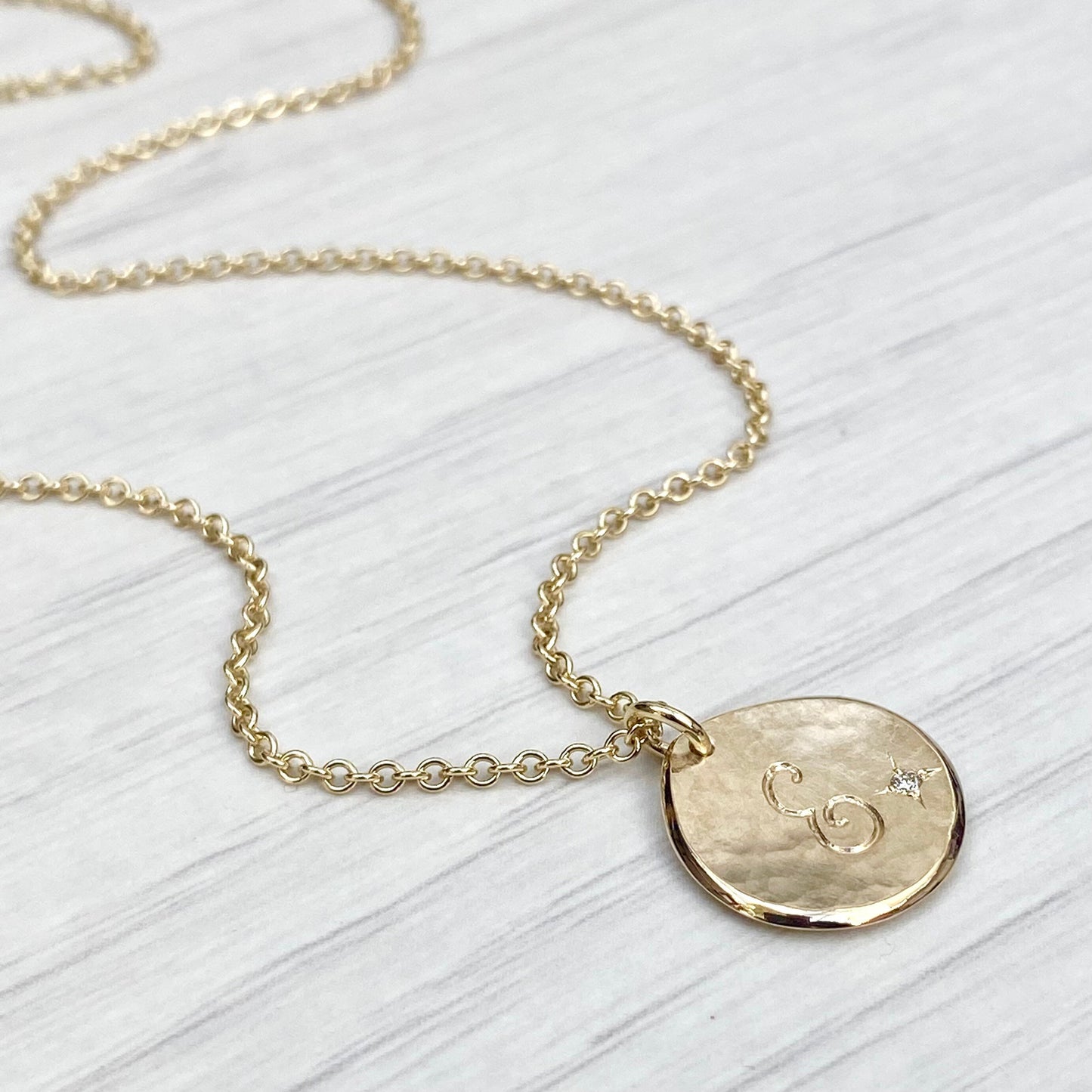 Handmade to order -  9ct solid yellow gold personalised 16mm diamond petal charm pendant on a 1.8mm wide trace chain
