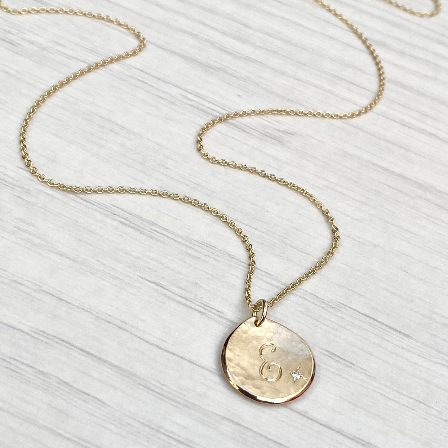 Handmade to order - 9ct solid yellow gold personalised 16mm diamond petal charm pendant on a 1.2mm wide trace chain