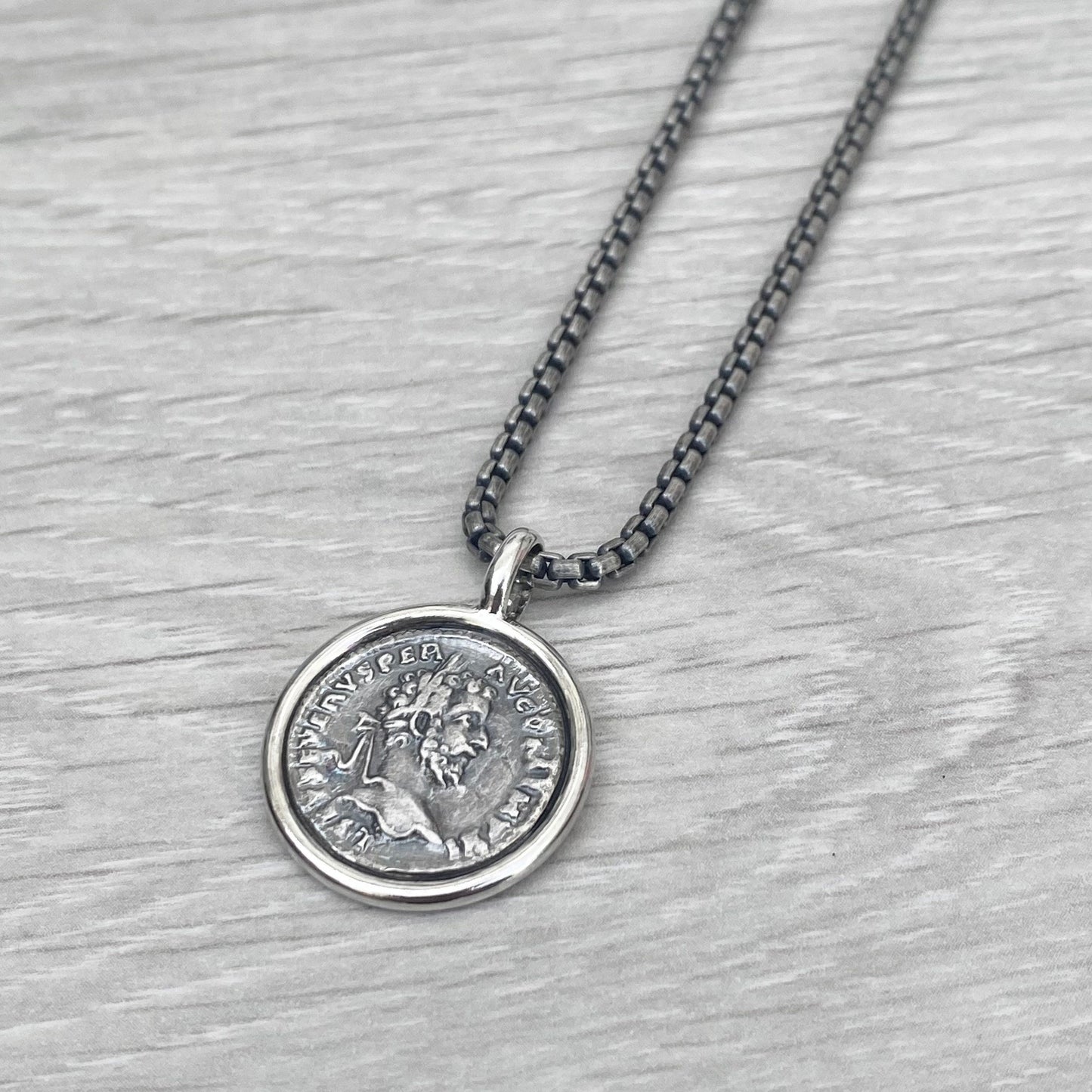 Oxidised solid Sterling silver 21mm replica Roman coin circle framed pendant on a choice of spiga or round box chain