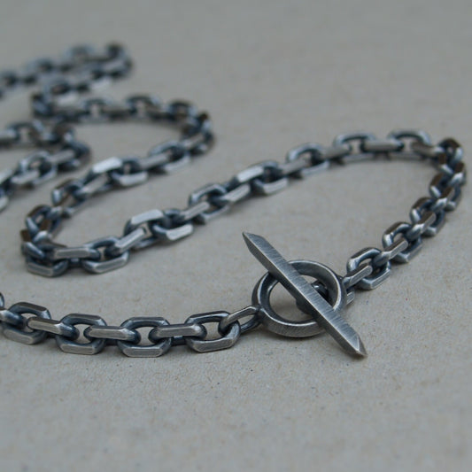 Handmade to order - Oxidised or polished solid silver extra heavy 6.6mm wide diamond cut trace chain with a unique T-bar design