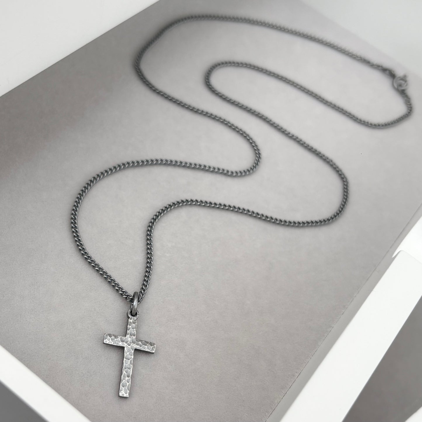 Oxidised or polished small size sterling silver hammered cross pendant and curb chain