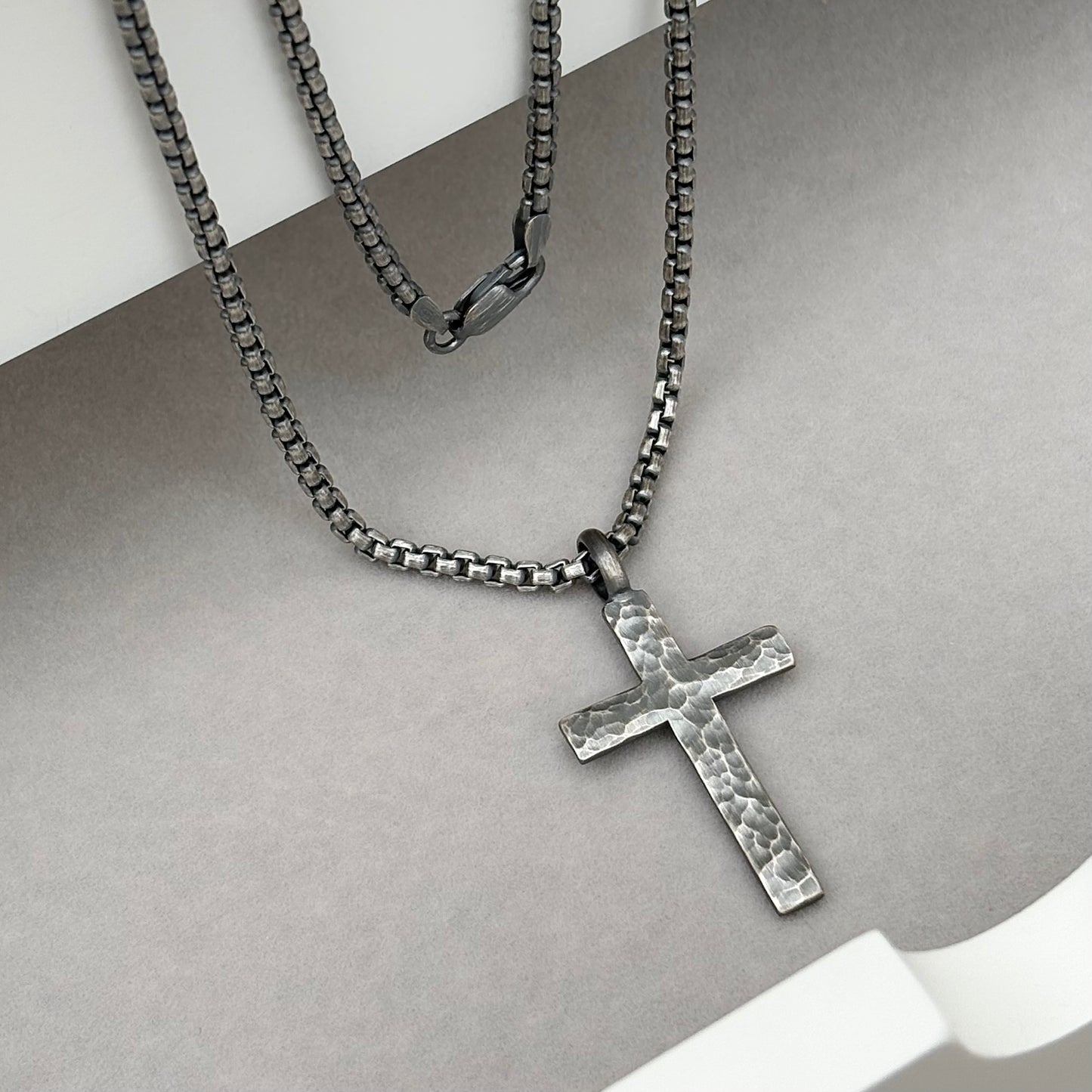 Oxidised or polished medium size sterling silver hammered cross pendant on a box belcher chain