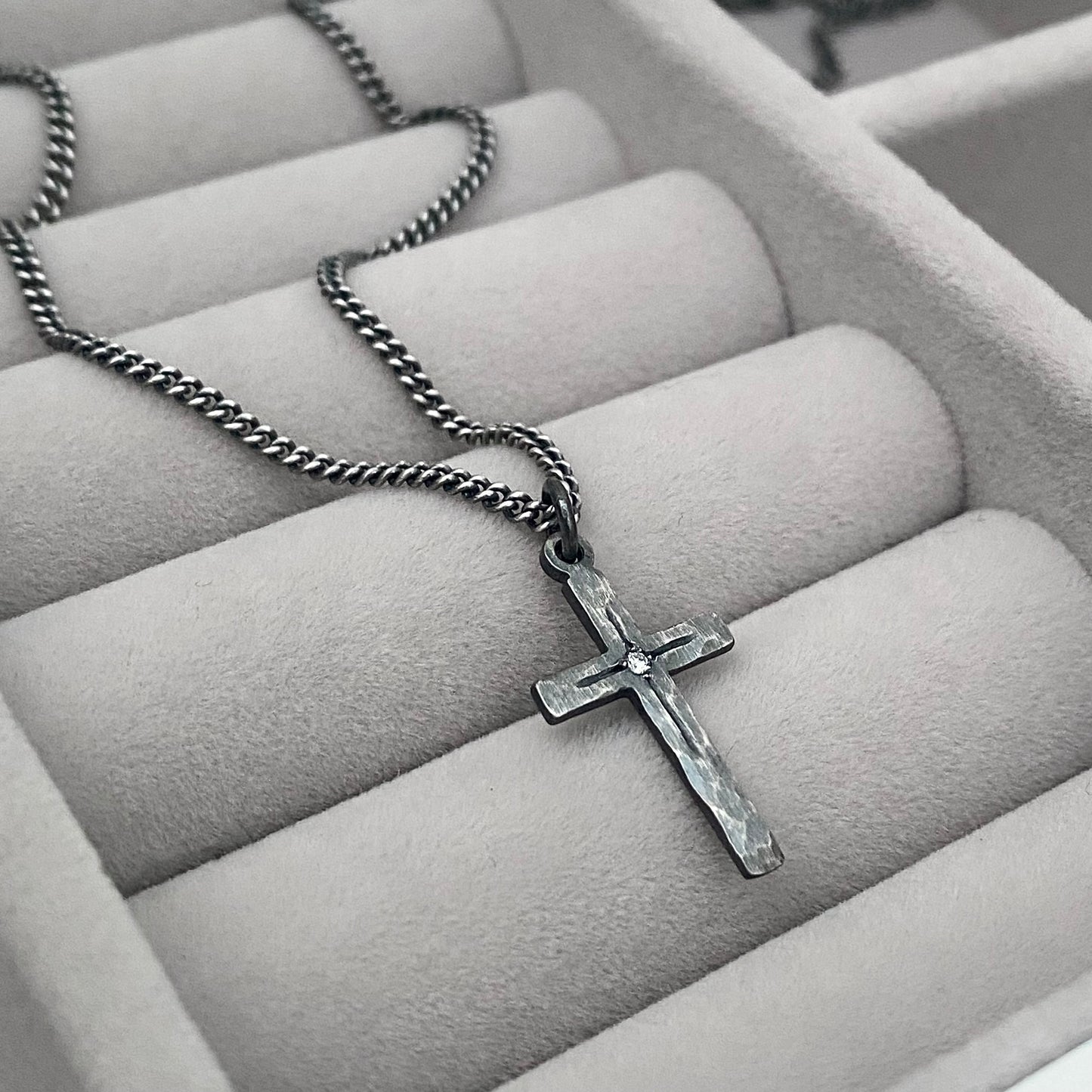 Oxidised solid sterling silver small or medium size diamond set cross pendants on a curb chain