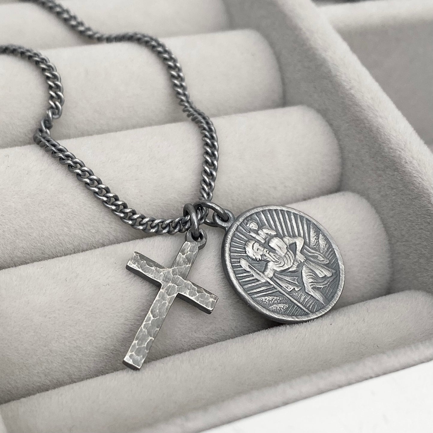 Oxidised or polished silver round Saint Christopher and hammered cross pendant and curb chain