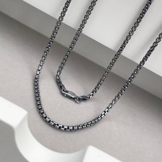 Oxidised or polished solid sterling silver 2.5mm wide box belcher chain