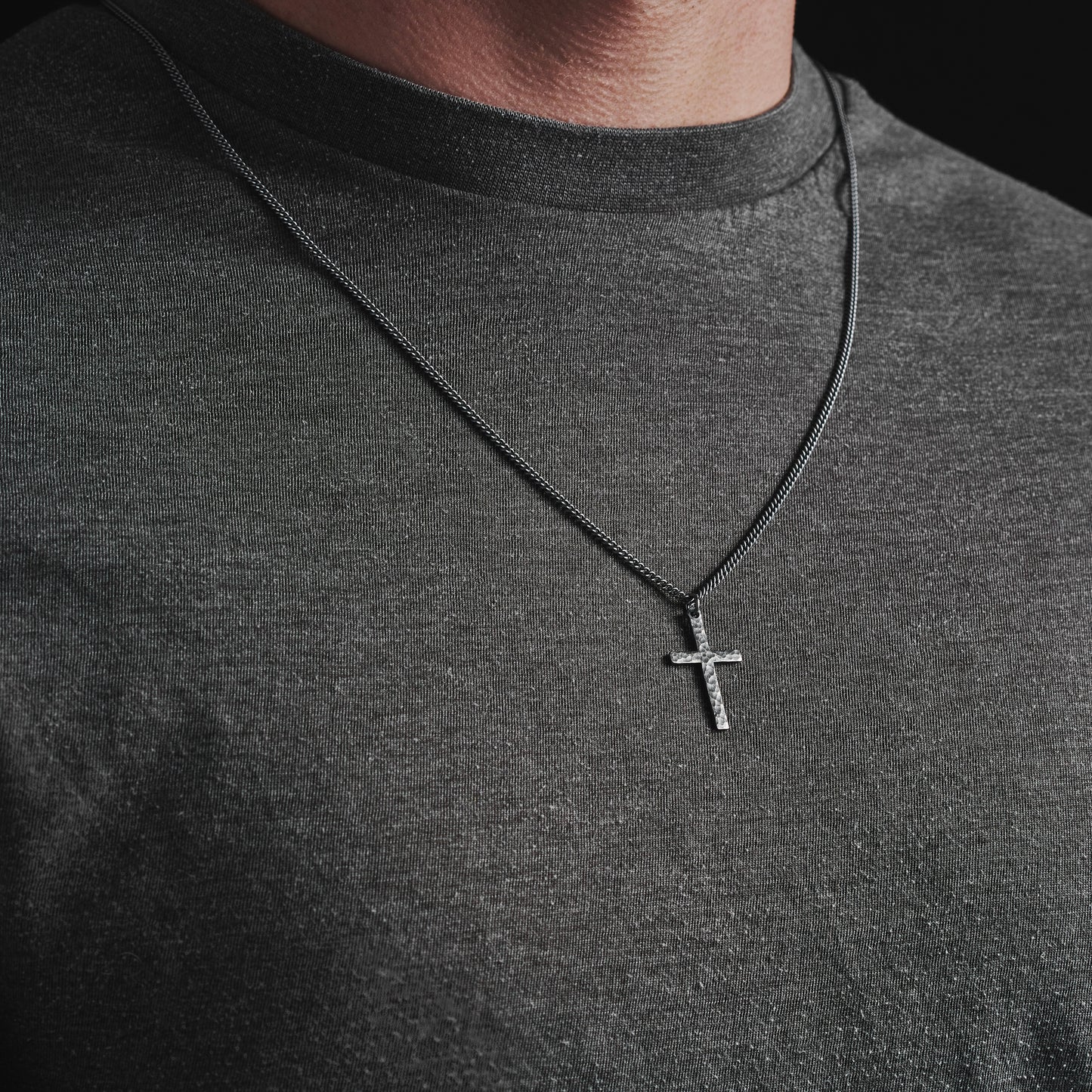 Antiqued sterling silver hammered finish small, standard, and medium cross pendants on a curb chain