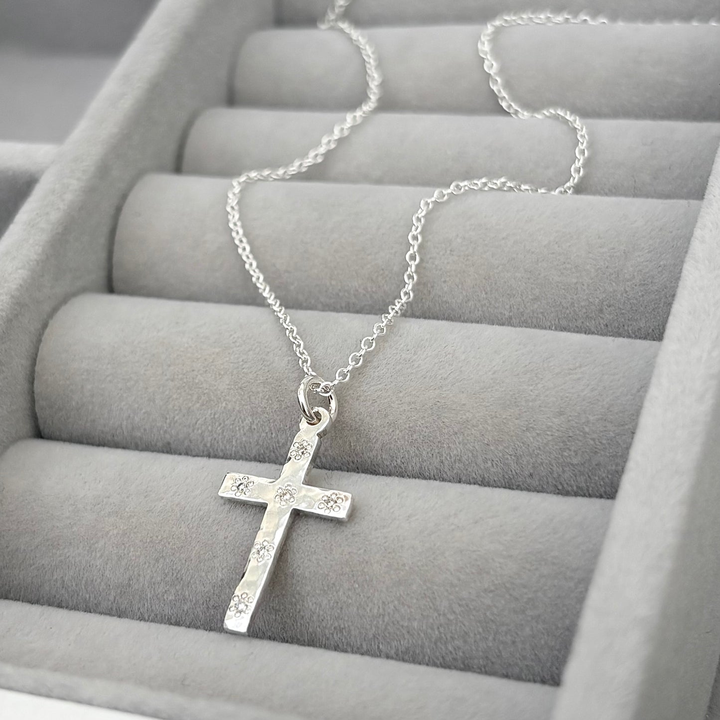 Handmade solid sterling silver floral set natural diamond hammered small cross pendant on a 1.2mm trace chain