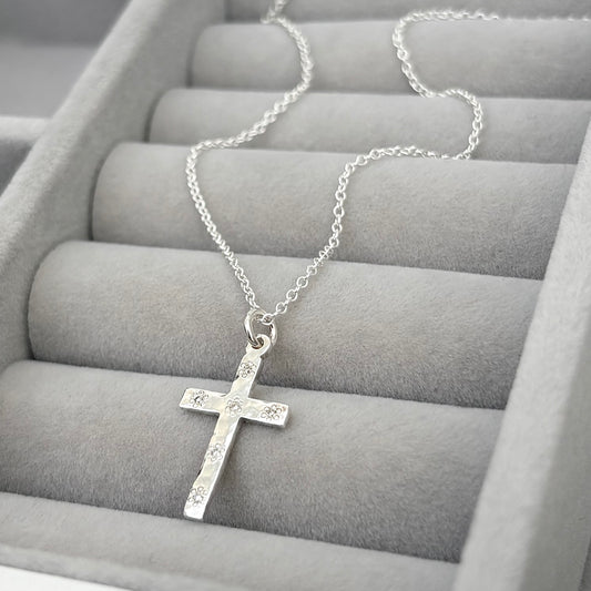 Handmade solid sterling silver floral set natural diamond hammered small cross pendant on a 1.2mm trace chain
