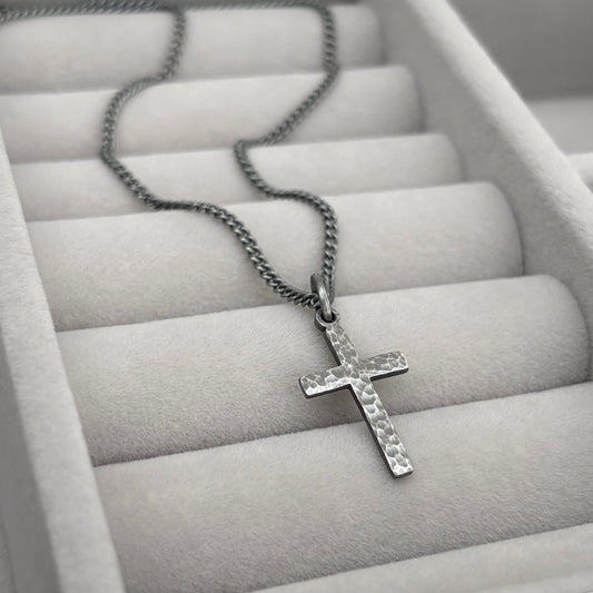 Oxidised or polished small size sterling silver hammered cross pendant and curb chain