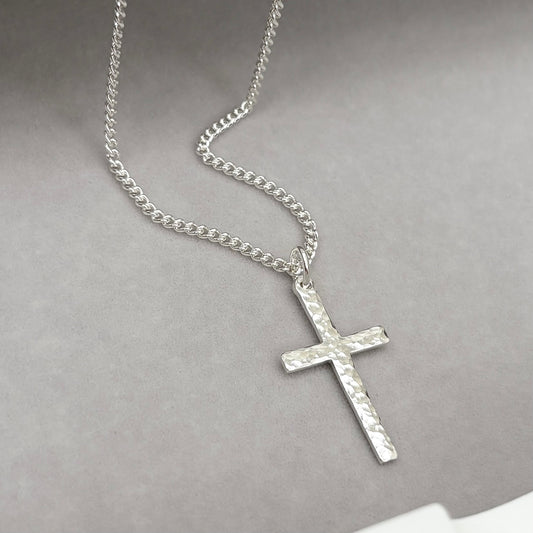 Oxidised or polished sterling silver standard size hammered cross pendant and on a curb chain