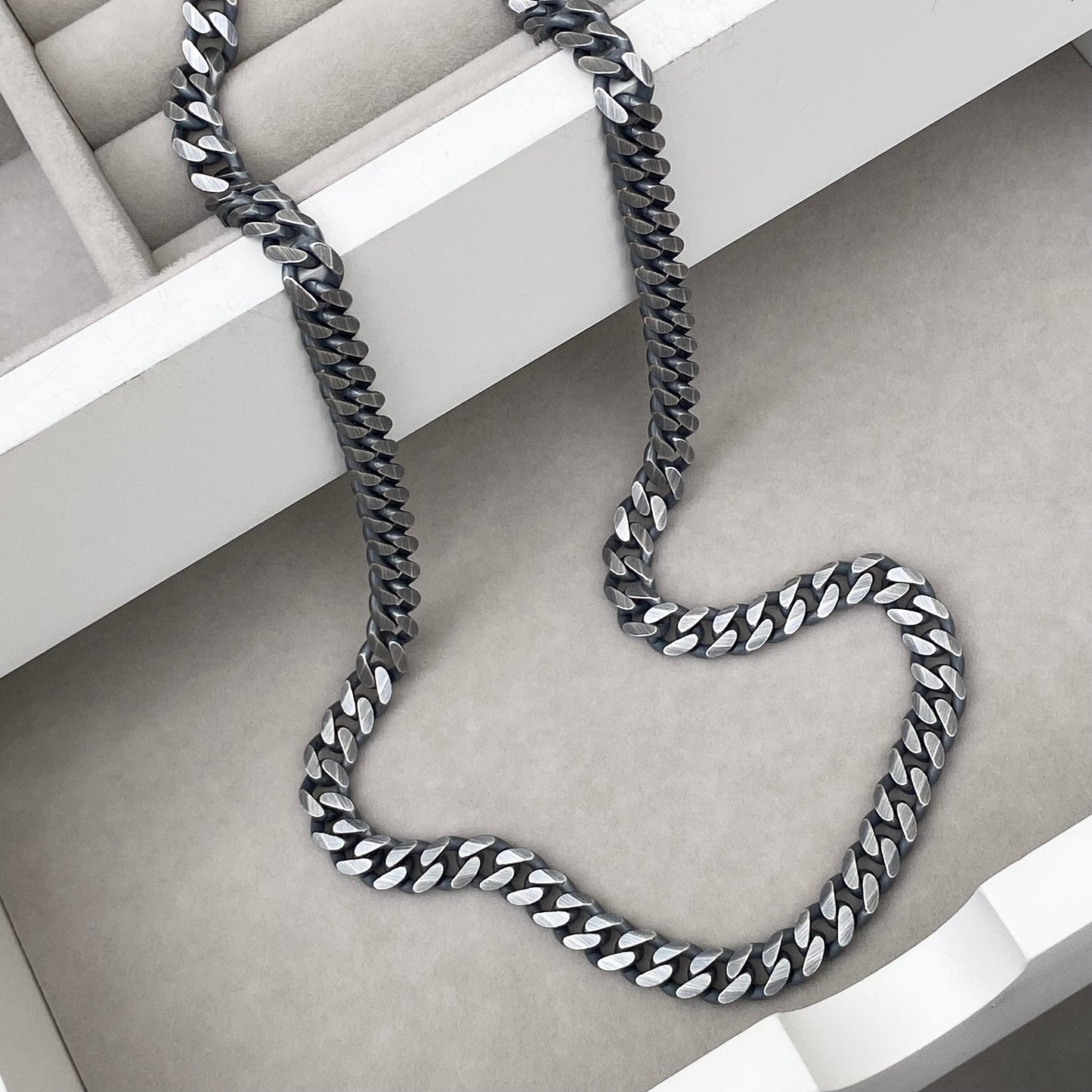 Oxidised or polished solid sterling silver heavy 6.6mm wide curb chain
